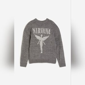 H&M Jacquard-knit Nirvana Graphic Sweater Marled Gray Womens XXS Oversized
